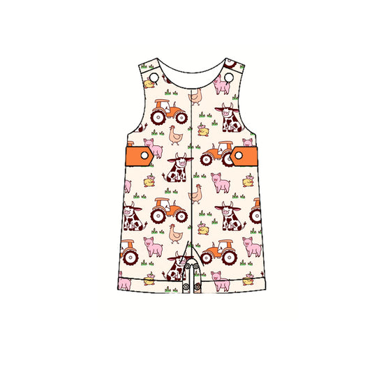 Preorder(moq 5)Baby Infant Boys Orange Sleeveless Button Top Cows Pigs Summer Farm Rompers