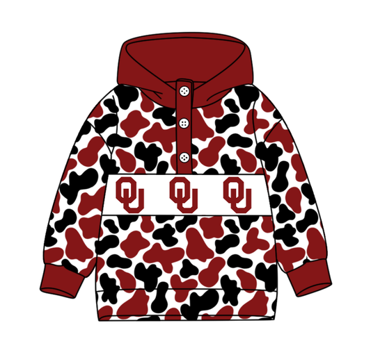 Preorder(moq 8)Baby Boys Red Black Camo OU Team Button Hoodies Top