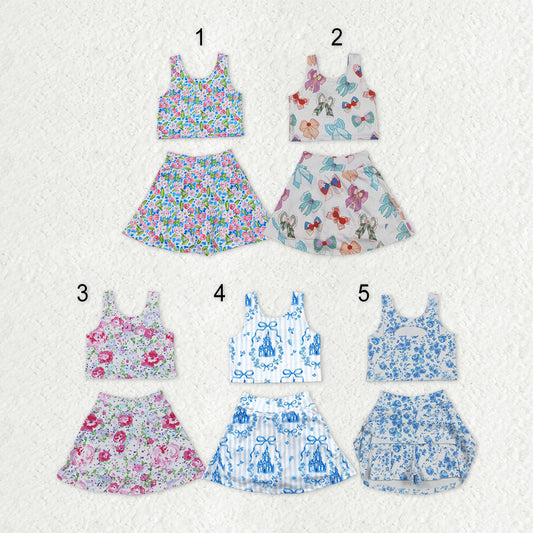 Sibling Baby Girls Flowers Bows Sleeveless Vest Yoga Athletic Skorts Sets