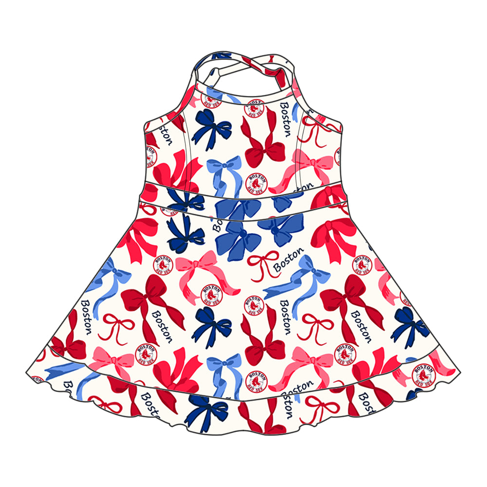 Preorder (moq 5)Baby Girls Strap Blue Red Bows Plaid Boston Short Ruffle Team Knee Length Dresses