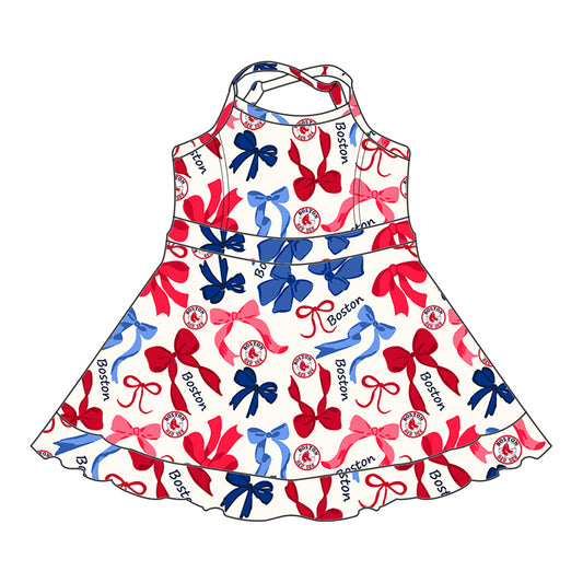 Preorder (moq 5)Baby Girls Strap Blue Red Bows Plaid Boston Short Ruffle Team Knee Length Dresses