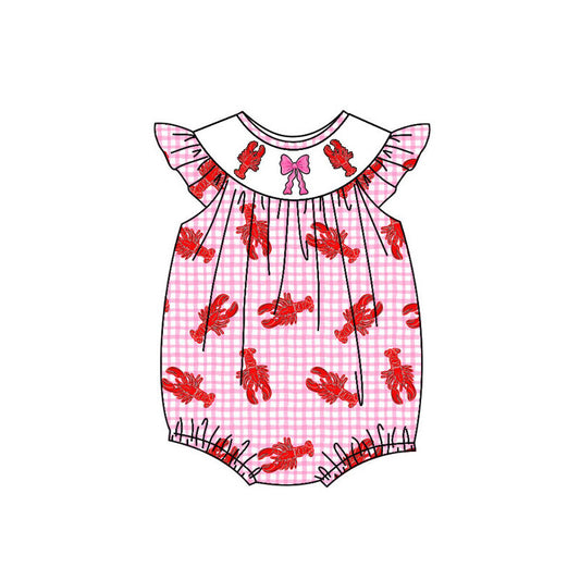 Preorder (moq 5)Baby Girls Pink Checked Flutter Sleeve Crayfishes Ruffle Rompers