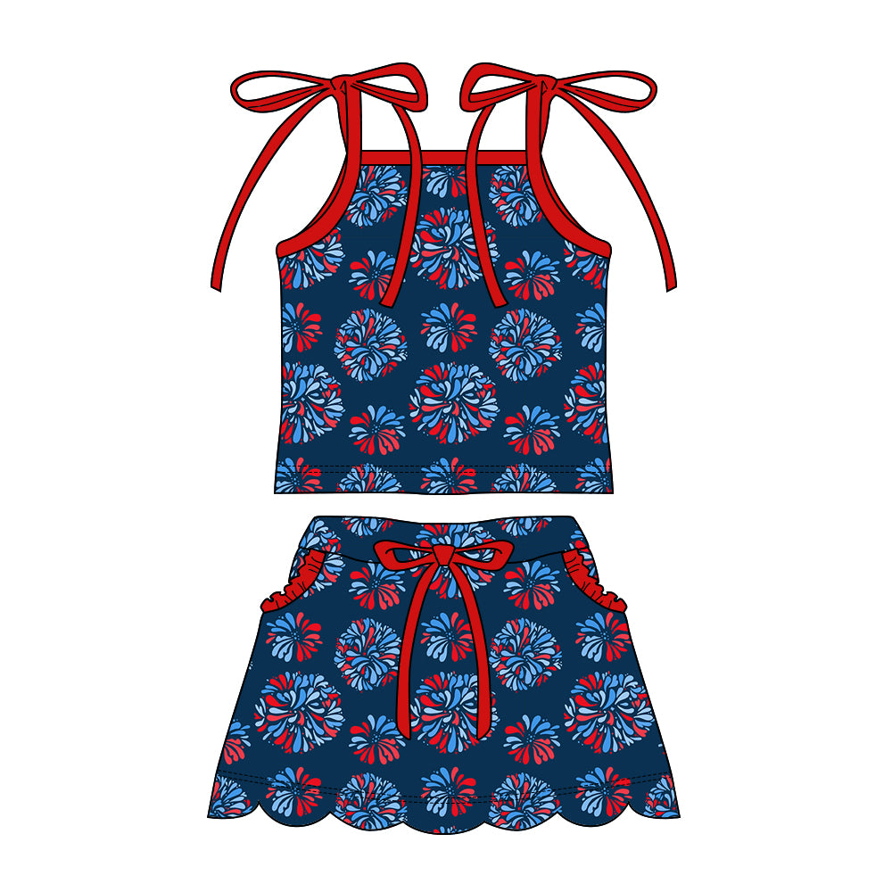 Preorder moq 5 Baby Girls Strap Fireworks Top Pockets Scallop Skirt Short 4th of July Clothes Sets