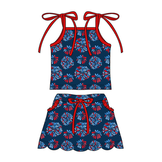 Preorder moq 5 Baby Girls Strap Fireworks Top Pockets Scallop Skirt Short 4th of July Clothes Sets