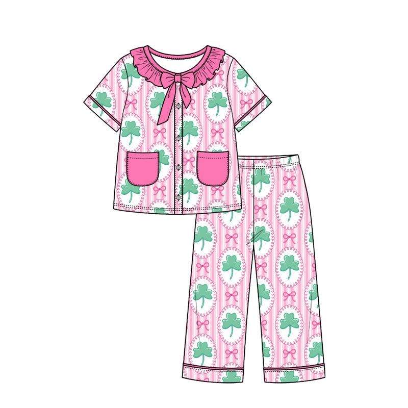 Preorder (moq 5) Baby Girl Clothes Pink Stripe Clover Bow Mixed Print Short Sleeve Ruffle Bow Long Pant Pajama Set