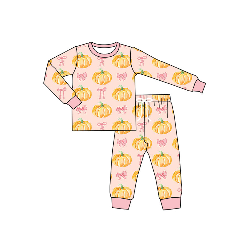 Preorder (moq 5)Baby Boys Peach Long Sleeves Bows Pumpkins Top Pant Pajamas Set