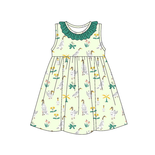 Preorder (moq 5)Baby Girls Green Sleeveless Floral Ducks Round Collar Knee Length Dresses