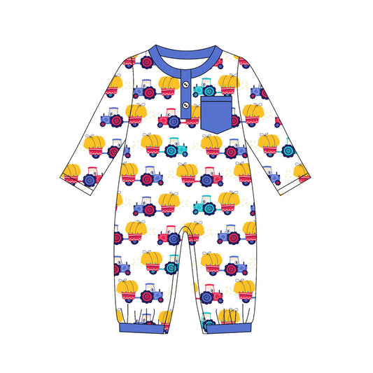 Preorder (moq 5)Baby Boys Long Sleeve Farm Trucks Button Pocket Rompers