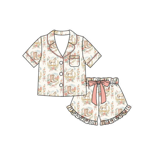 Preorder (moq 5)Baby Girls Flower Boot Hoses Pocket Button Top Ruffle Short Western Pajamas Sets