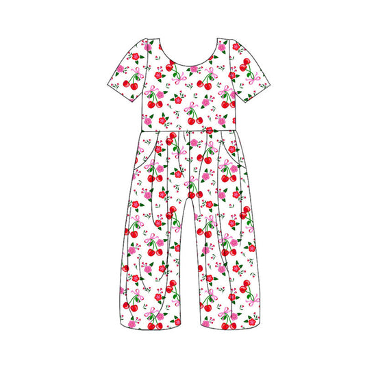 Preorder (moq 5)Baby Girls Short Sleeve Flower Bows Cherry Pockets Pants Jumpsuits