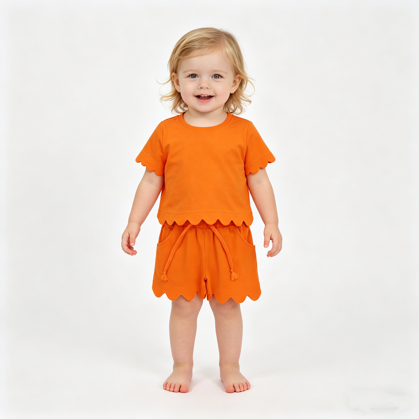 Baby Girls Orange Short Sleeve Top Pockets Shorts Scallop Cotton Clothes Sets
