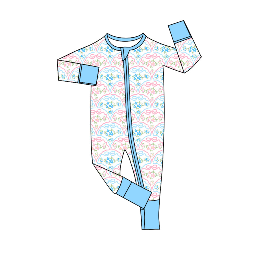Preorder (moq 20)Baby Girls Bamboo Blue Pink Bows Flowers Zipper Footie Rompers
