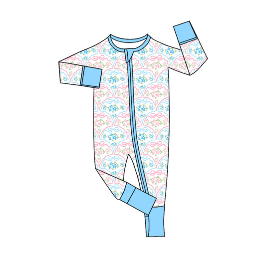 Preorder (moq 20)Baby Girls Bamboo Blue Pink Bows Flowers Zipper Footie Rompers