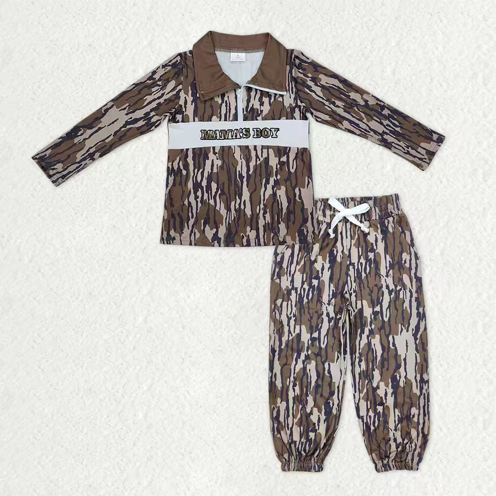 Baby Boys Southern Olive Camo Embroidery Mama's Boy Zip Pullover Pockets Joggers Clothes Sets