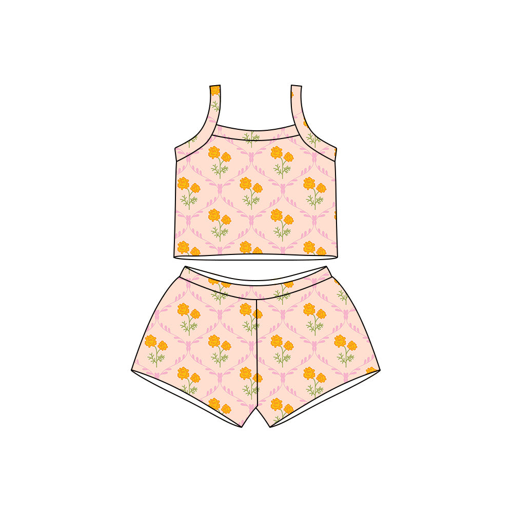 Preorder moq 5 Baby Girls Pink Strap Flowers Checked Top Short Clothes Sets