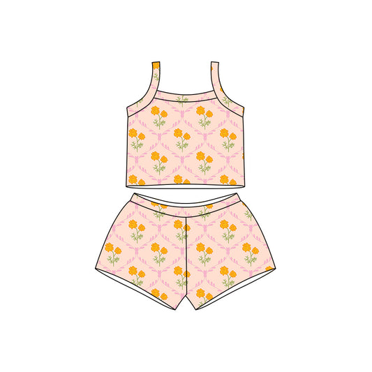 Preorder moq 5 Baby Girls Pink Strap Flowers Checked Top Short Clothes Sets