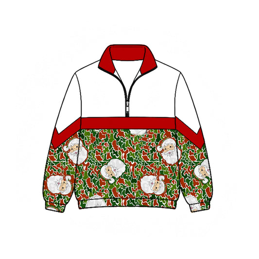 Preorder (moq 5)Baby Girls Green Red Camo Santa Christmas Zip Pullovers Top