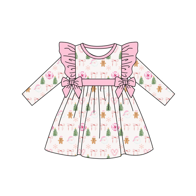 Preorder (moq 5)Baby Girls Long Sleeves Pink Bows Gingerbread Plaid Knee Length Dresses