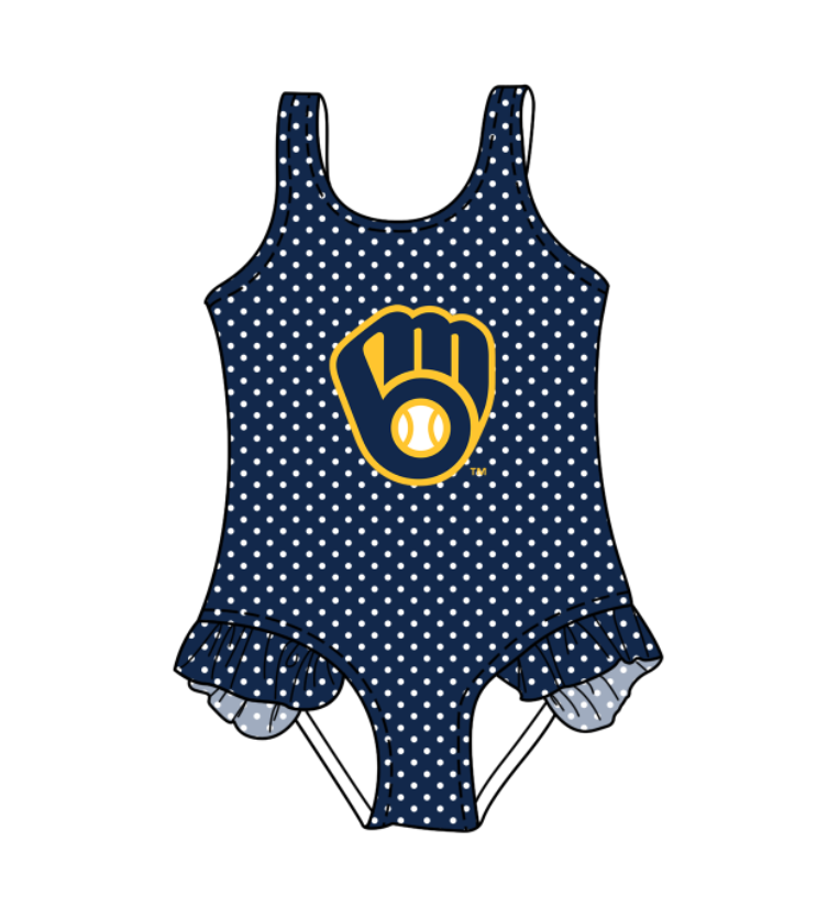 Preorder moq 5 Baby Girls Sleeveless Navy Polka Dots Team Swimsuits
