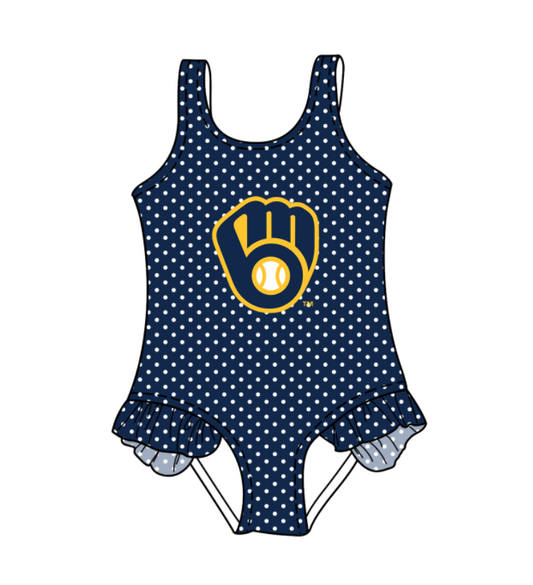 Preorder moq 5 Baby Girls Sleeveless Navy Polka Dots Team Swimsuits