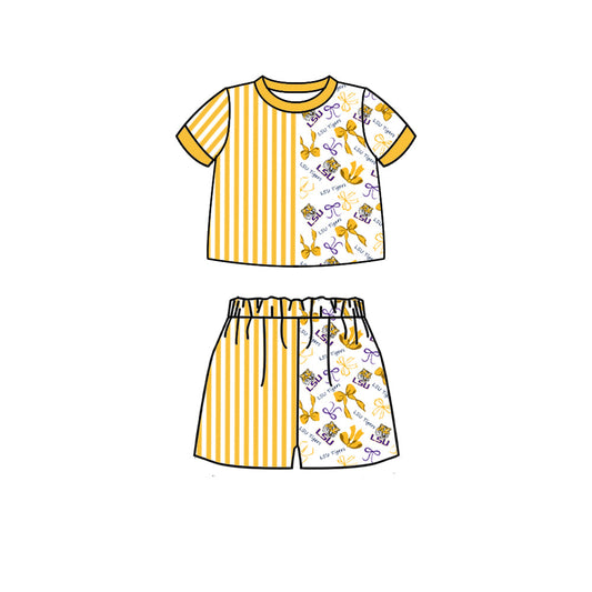Preorder (moq 5)Baby Girls Orange Stripe Bows LSU Tigers Shirt Top Short Team Sets