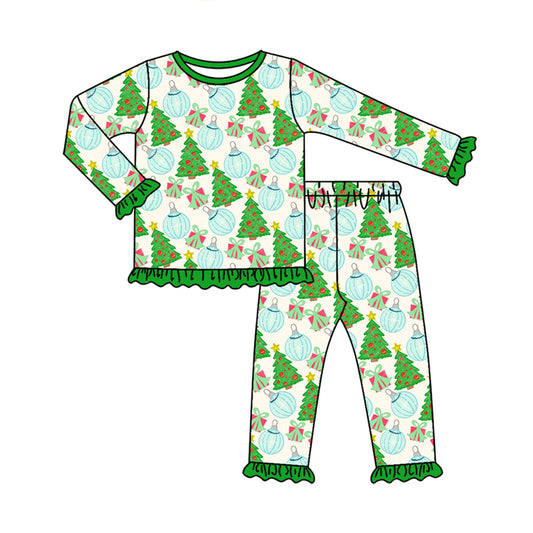 Preorder (moq 5)Baby Girls Trees Lights Top Ruffle Pant Christmas Pajamas Set