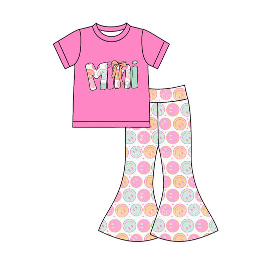 Preorder(moq 8)Baby Girls Pink Smiles Bow Mini Top Bell Bottom Pants Clothes Sets