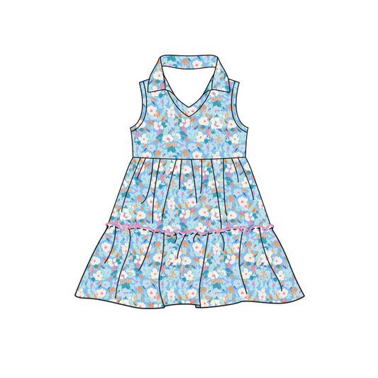 Preorder (moq 5)Baby Girls Sleeveless Colorful Floral Patchwork Knee Length Dresses