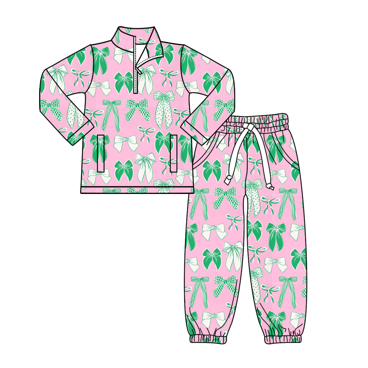 Preorder(moq 8)Baby Girls Green Bows Plaid Zipper Pockets Pullovers Jogger Pant Clothes Sets