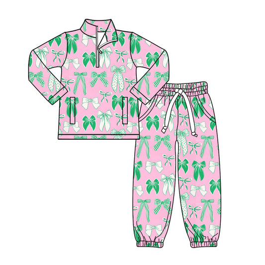 Preorder(moq 8)Baby Girls Green Bows Plaid Zipper Pockets Pullovers Jogger Pant Clothes Sets