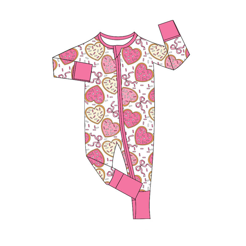 Preorder (moq 5)Baby Girls Sprinkles Hearts Bows Valentine Zipper Footie Rompers
