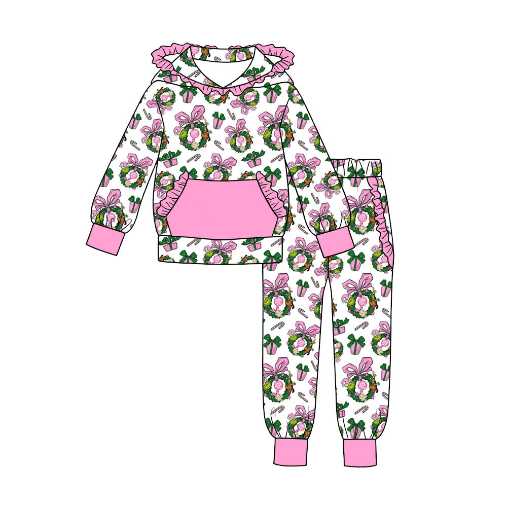Preorder (moq 5) Baby Girls Bows Holly Pocket Ruffle Hoodie Jogger Christmas Clothes Sets