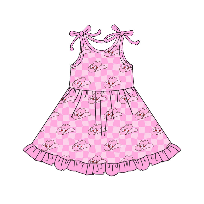 Preorder (moq 5)Baby Girls Bows Sleeveless Pink Checked Hats Western Ruffle Knee Length Dresses