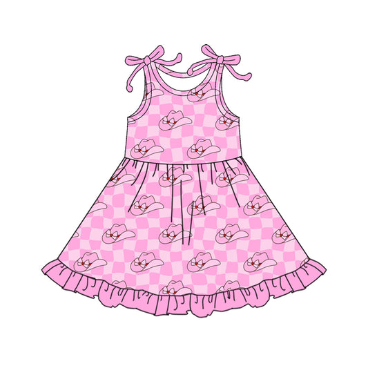 Preorder (moq 5)Baby Girls Bows Sleeveless Pink Checked Hats Western Ruffle Knee Length Dresses