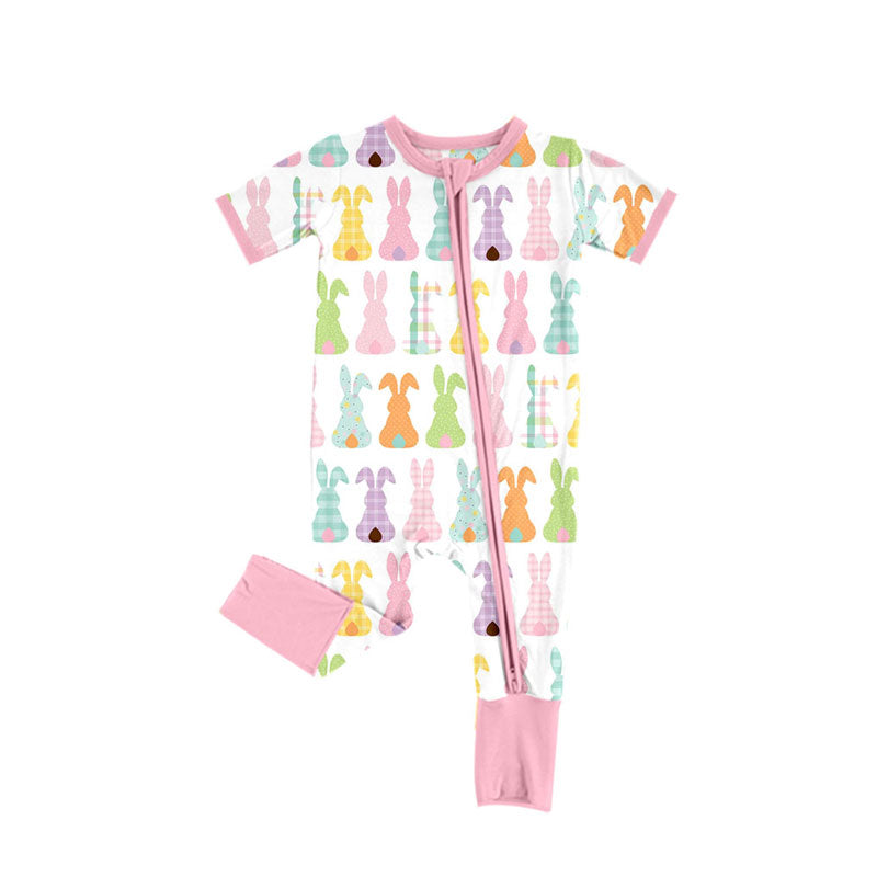 Preorder(moq 8)Baby Girls Colorful Rabbits Stripes Flowers Easter Zipper Footie Rompers