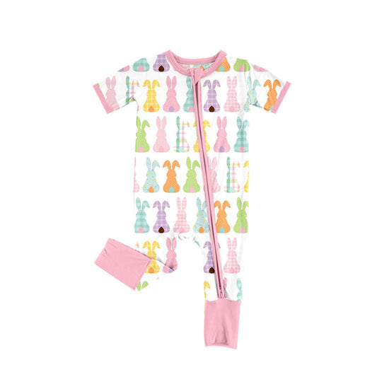 Preorder(moq 8)Baby Girls Colorful Rabbits Stripes Flowers Easter Zipper Footie Rompers