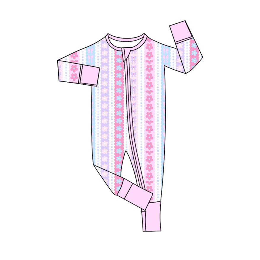 Preorder (moq 20)Baby Girls Bamboo Flowers Bows Stripe Zipper Footie Rompers