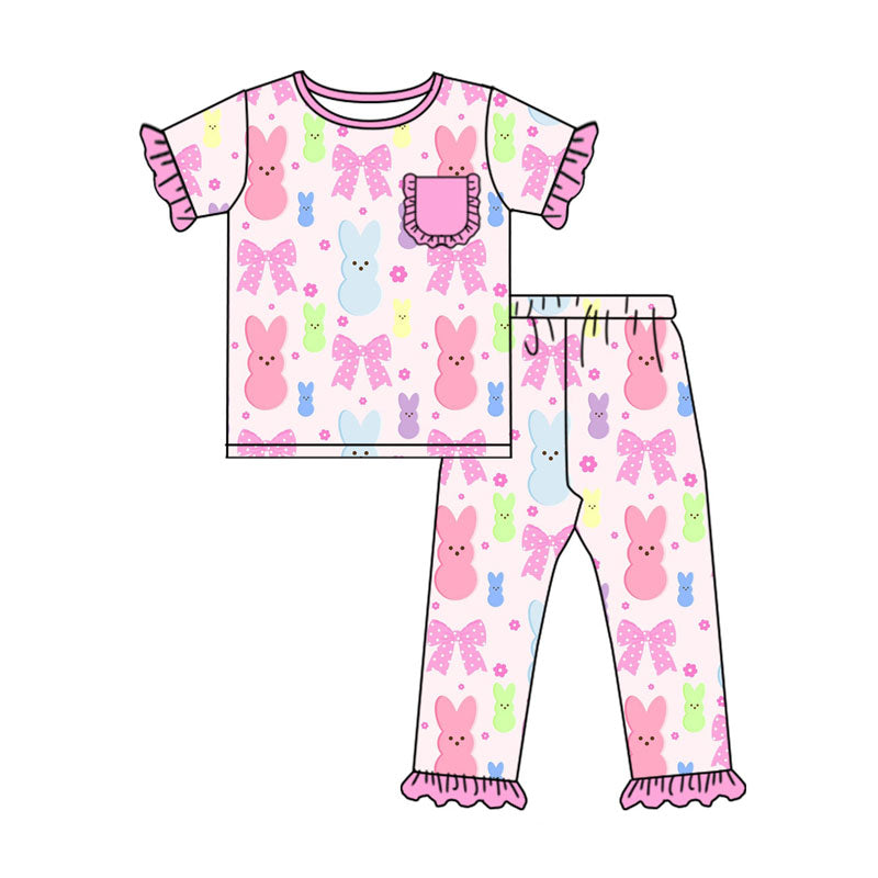 Preorder (moq 5)Baby Girls Colorful Flowers Rabbits Top Ruffle Pants Easter Pajamas Sets