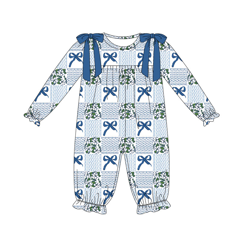 Preorder (moq 5)Baby Girls Long Ruffle Sleeves Blue Bows Flowers Plaid Pant Romper