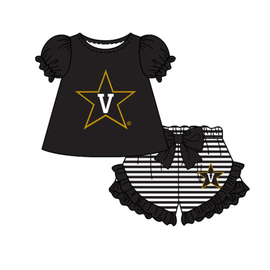 Preorder moq 5 Baby Girls Short Sleeve V Star Top Stripe Ruffle Short Team Clothes Sets