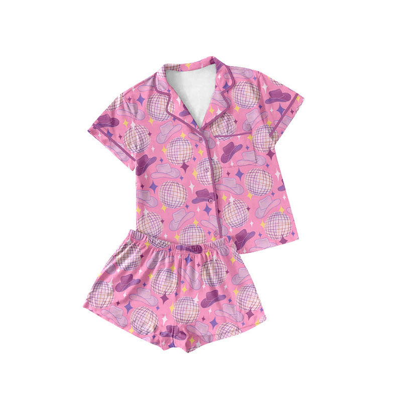 Preorder(moq 5) Baby Girls Pink Stars Hats Button Pockets Top Shorts Western Pajamas Sets