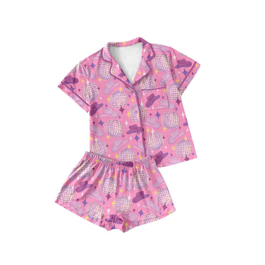 Preorder(moq 5) Baby Girls Pink Stars Hats Button Pockets Top Shorts Western Pajamas Sets
