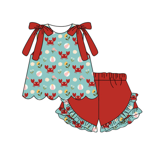 Preorder (moq 5)Baby Girls Sleeveless Flowers Crabs Tunic Ruffle Short Clothes Sets