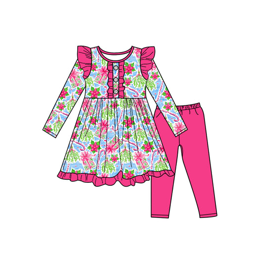 Preorder (moq 5)Baby Girls Long Sleeves Christmas Trees Gifts Button Tunic Leggings Pants Set