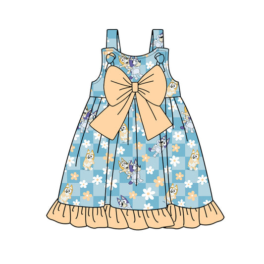 Preorder (moq 5)Baby Girls Big Bows Flowers Dogs Knee Length Dresses