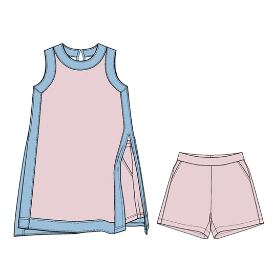 Preorder (moq 5)Adult Women Light Blue Pink Split Skirt Pockets Short Clothes Sets