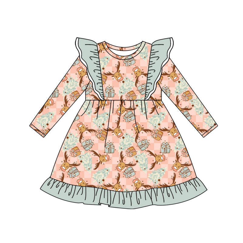 Preorder (moq 5)Baby Girls Long Sleeves Trees Deer Plaid Ruffle Knee Length Dresses
