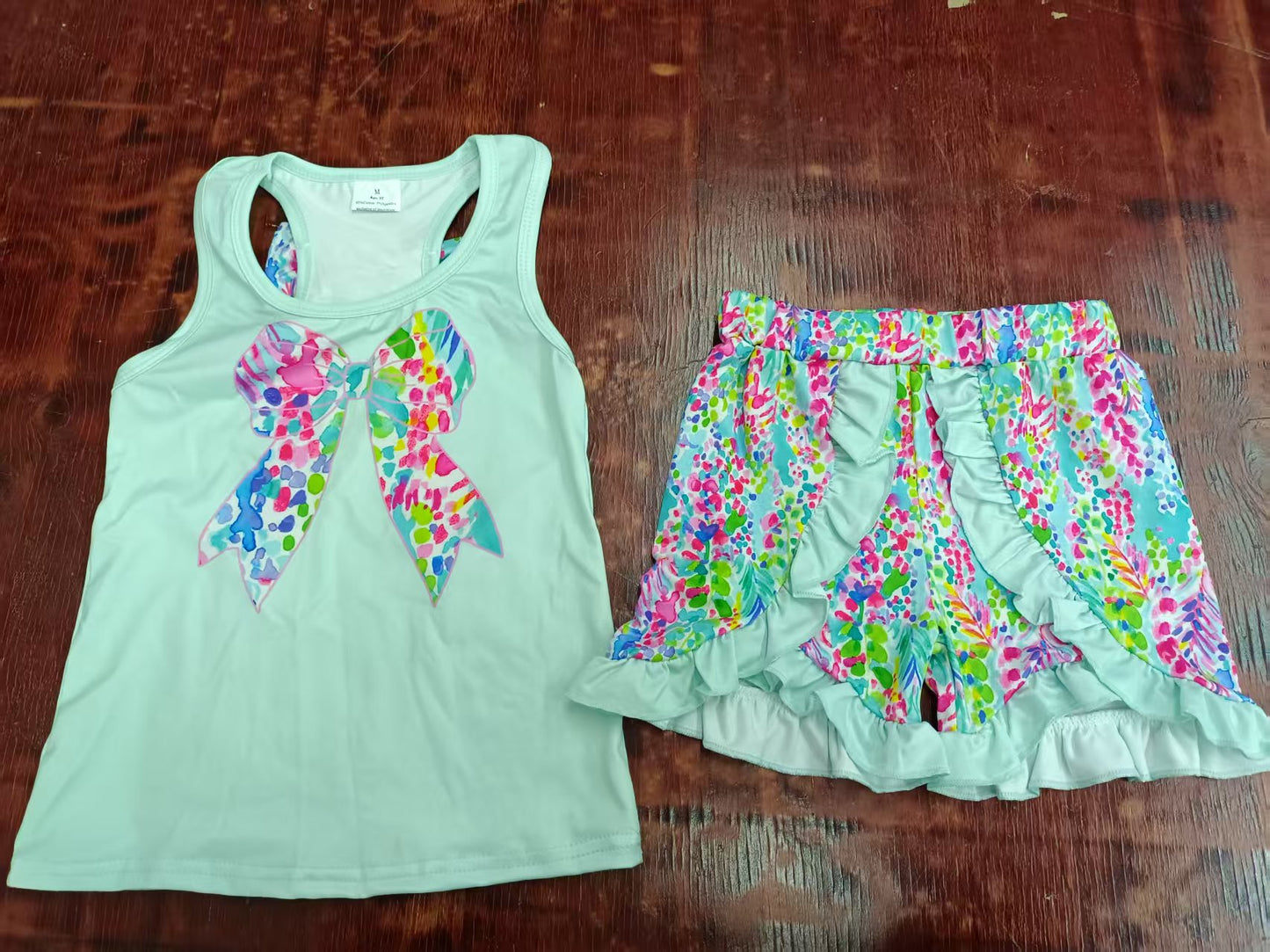 Preorder moq 5 Baby Girls Aqua Sleeveless Watercolor Floral Bow Vest Top Ruffle Shorts Set