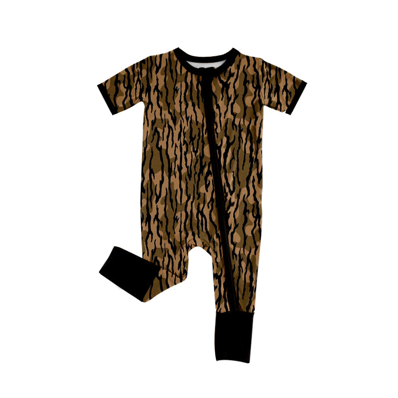 Preorder (moq 5)Baby Boys Short Sleeves Brown Camo Zipper Rompers