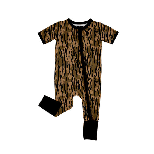 Preorder (moq 5)Baby Boys Short Sleeves Brown Camo Zipper Rompers
